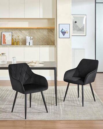 Комплект із 2 обідніх стільців з підлокітниками та спинками, для їдальні, вітальні, кухні, м&39які кухонні стільці з оксамитовим покриттям, металеві ніжки, чорний, комплект із 2 шт.