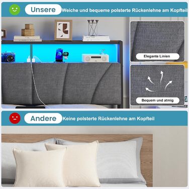 Ліжко 180x200 з металевою рейковою основою, двоспальне ліжко 180x200 см зі світлодіодним підсвічуванням, каркас ліжка 180x200 см з узголів&39ям та зарядною станцією (2 розетки змінного струму, 2 USB-порти) Сучасне, сіро-сірий 180x200 см