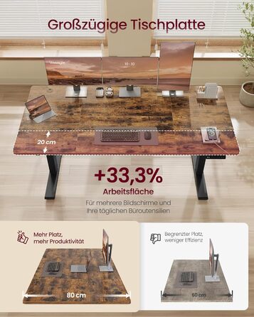 Стіл VASAGLE з регульованою висотою, 160 x 80 см, порт USB-C, подовжувач для зберігання, стіл для роботи стоячи, нагадування про тривале сидіння, 3 кнопки пам&39яті, для офісу, вінтажний коричневий LSD146KD02 160 x 80 см вінтажний коричневий