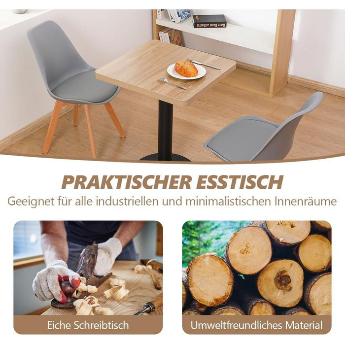 Обідній стіл Mingone 60 см, кухонний стіл, обідній стіл, маленький з дерев&39яною стільницею, квадратний стіл, дубовий вигляд з металевими ніжками, для вітальні, балкону, їдальні, 60x60x75 см, квадратний