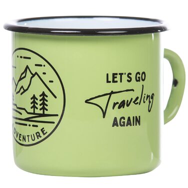 Емальована кружка MUGSY, Ніколи не припиняйте досліджувати, 330 мл, Мотив природи та приказка, Емальована чашка, Стійка до ударів, Зелена