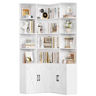 Кутова книжкова шафа FirFurd 187 см з дверцятами, 12 відділень, L-подібна дерев&39яна вітрина, висока шафа, полиця з дверцятами для вітальні, кабінету, офісу, кухні, 187 x 80 x 80 см, білий