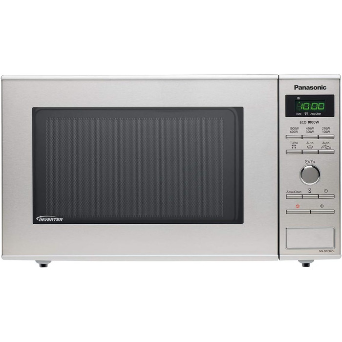 Мікрохвильова піч Panasonic NN-SD27HSGTG зі скляним поворотним столом, 23 л, 1000 Вт, 10 автоматичних програм, автоматичне розморожування, 6 рівнів потужності, таймер, цифровий LED-дисплей, нержавіюча сталь і срібло без функції гриля Нержавіюча сталь без 