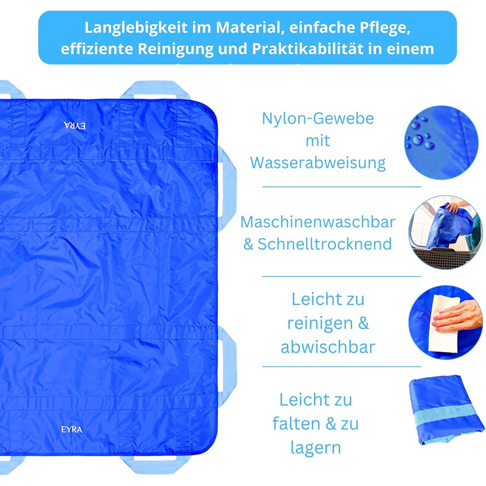 Роздавальна дошка EYRA для підйомників пацієнтів - 122x102 см Дошка для перенесення пацієнтів з 8 ручками для літніх і прикутих до ліжка - Багаторазове та миється розсувне простирадло та розсувне простирадло для перенесення ліжка 1 упаковка синя