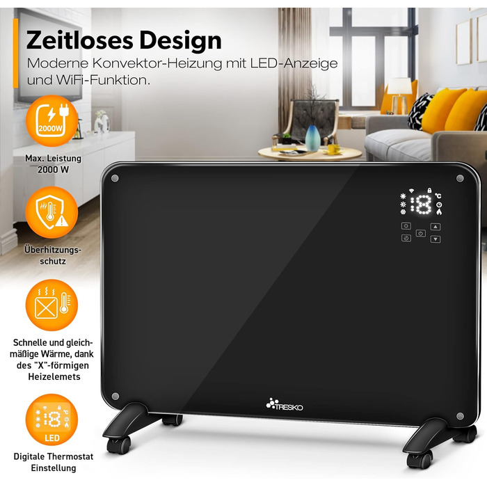 Конвекторний обігрівач TRESKO зі скляним додатком 2000 Вт, WiFi Електричний обігрівач з пультом дистанційного керування Конвекторний радіатор із сенсорним РК-дисплеєм Електричний радіатор, окремостоячий або настінний, чорний