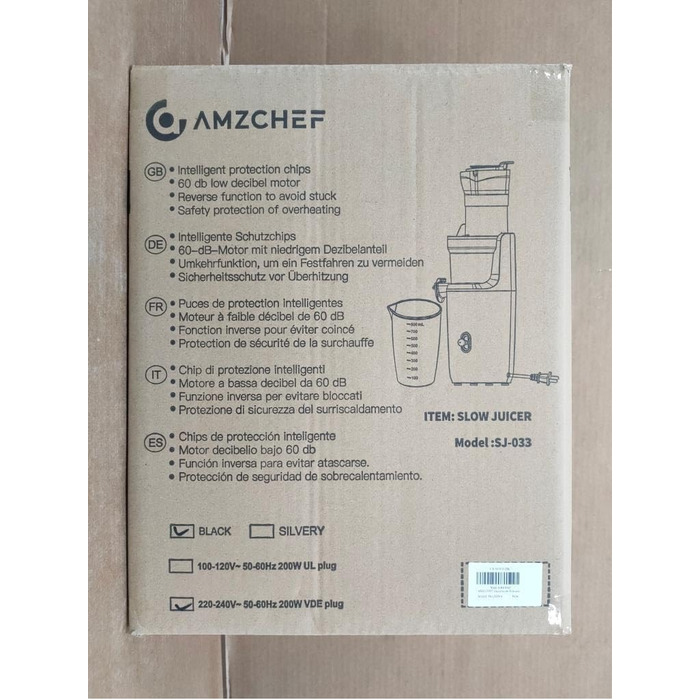 Соковижималка для цілих фруктів AMZCHEF - повільна соковижималка з великим відкриттям 80 мм - переможець тесту соковижималки для овочів і фруктів з покращеним шнеком, двошаровим фільтром, ретро-тумблером, тихим двигуном - сріблястий срібло 17,9T x 16,7 Вт