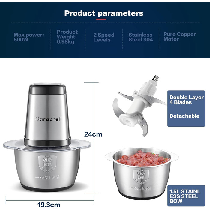 Електричний кухонний подрібнювач AMZCHEF - Мульти-подрібнювач потужністю 500 Вт з чашею з нержавіючої сталі 1,5 л, 4 леза для м'яса, 2 режими швидкості, фрукти та овочі, функції безпеки