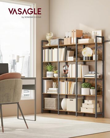 Книжкова полиця VASAGLE, кухонна полиця, окремостояча полиця з 5 відкритими полицями, для коридору, кухні, офісу, міцна сталева рама, промисловий дизайн, 24 x 128 x 154,1 см, вінтажний коричнево-чорний LLS150K01 24 x 128 x 154,1 см (5 рівнів)