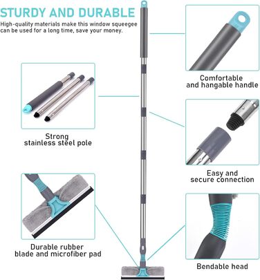 Склоочисник з телескопічною ручкою - професійний ракель для вікон 2 в 1, телескопічний засіб для миття вікон від 90 до 200см Набір для миття вікон Засіб для миття скла для високих внутрішніх і зовнішніх вікон, душового скла