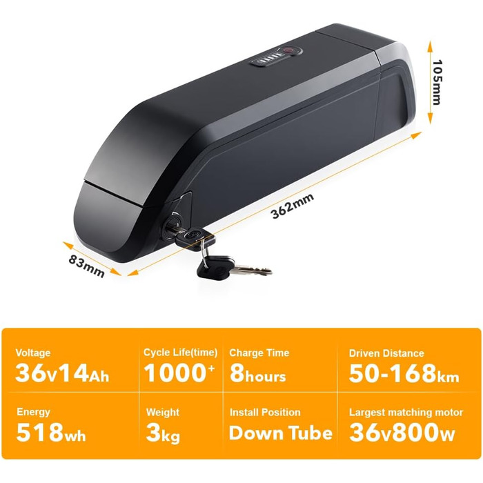 Акумулятор SEASON 36V для електровелосипеда (SF-06) 11.6Ah / 14Ah Замінний акумулятор JCEB360-11.6 для електровелосипедів та педелеків від Fischer and Bianchi 36V 14Ah (518 Втгод)