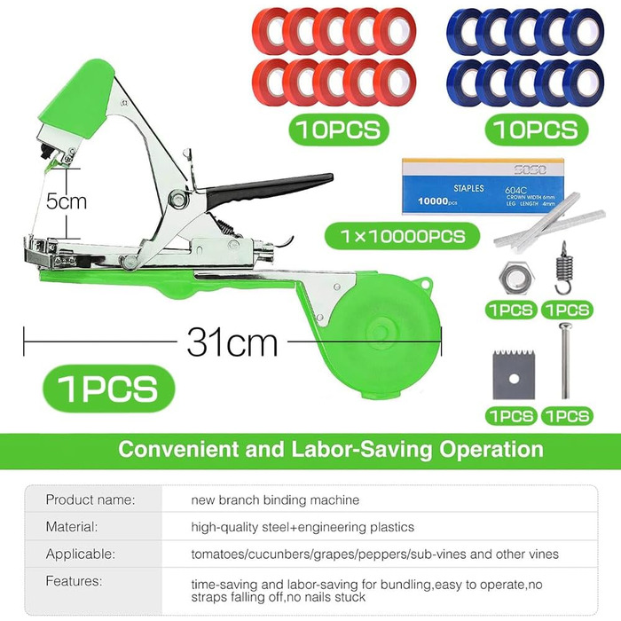 Машина для обв&39язування рослин, інструмент для обв&39язування рослин, пристрій для обв&39язування рослин з 10 000 цвяхів та 20 рулонами кольорової садової стрічки, машина для обв&39язування садів, інструмент для обв&39язування стрічкою для фруктів, дере
