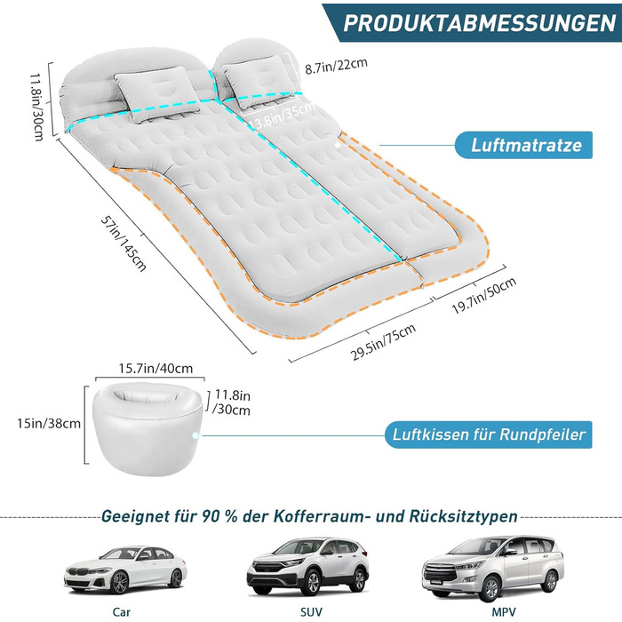 Надувний матрац для автомобіля позашляховика - потовщений та покращений кемпінговий матрац для заднього сидіння/багажника з електричним насосом, побутовий адаптер, 2 подушки 2 підставки для ніг, білий