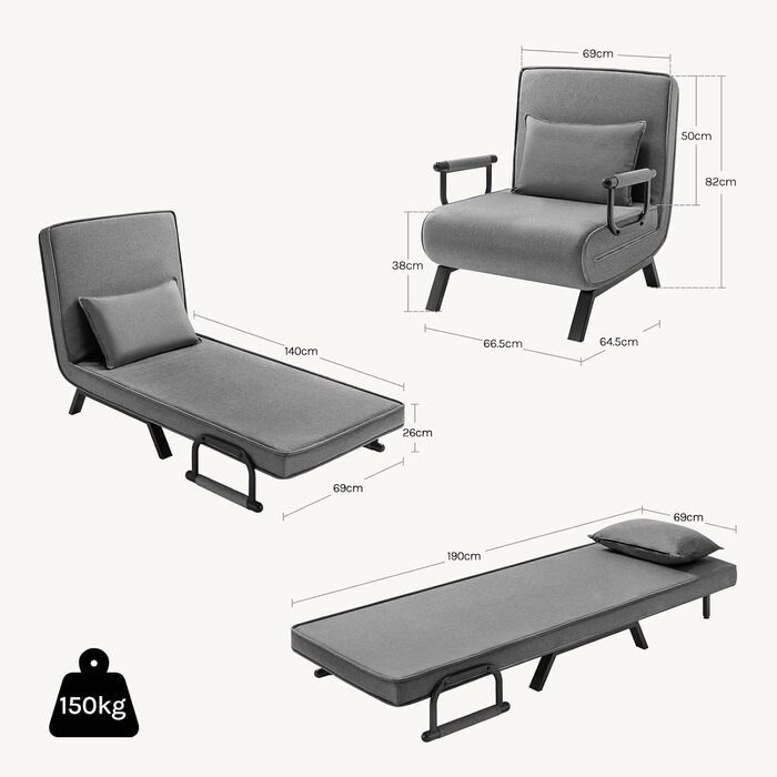Крісло-ліжко WOLTU 3-в-1 з функцією ліжка, гостьове ліжко, диван-ліжко з функцією ліжка, регульована спинка, вітальня, спальня, балкон, металевий каркас, лляне покриття, 80 x 82 x 74 см, темно-сірий 190x69 см