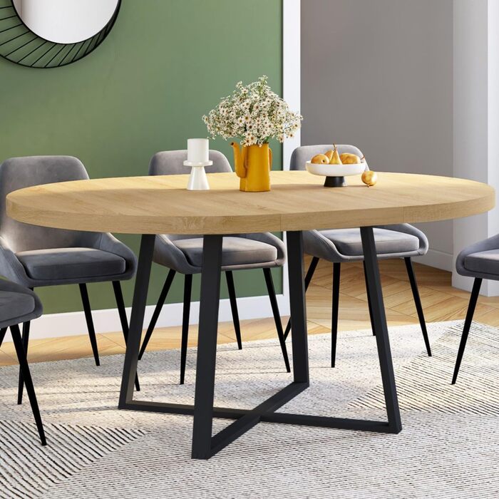 Розкладний круглий обідній стіл Selma, 4-8 осіб, дерево та чорний колір, 110-150 см