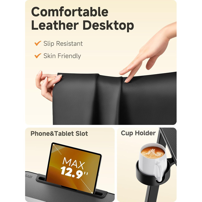 Журнальний столик SAIJI, подвійне використання піднос для сніданку/столик для ноутбука, стійкі U-подібні ніжки, журнальний столик, столик над ліжком, регульований кут нахилу, з відділенням для планшета та тримачем для напоїв, 55 x 39 см, чорний