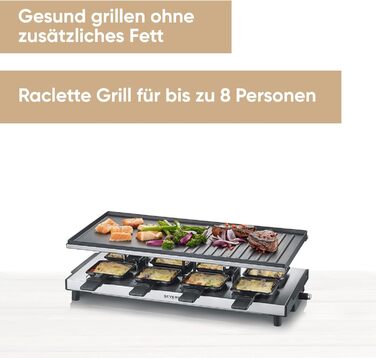 Гриль SEVERIN Raclette, раклет з великою антипригарною пластиною для гриля та 8 сковородами для раклету, настільний гриль до 8 осіб, потужність 1 700 Вт, нержавіюча сталь чорна, RG 2375