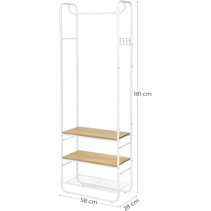 Вішалка для верхнього одягу, Шафа, Вішалка для одягу, з полицею для взуття, Вішалка для взуття, Передпокій, Спальня, 58 x 28 x 181 см, Скандинавський, Білий Золотий HSR81WN Матовий білий Золотий дуб