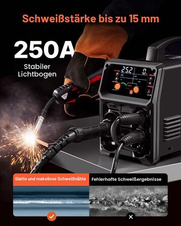 Професійний MIG-зварювальний апарат VEVOR 250A Pulse 5-в-1 синергетичний інвертор (MIG без газу, MIG з газом, MMA, Lift-TIG, MIG Pulse) з IGBT-технологією та LCD-дисплеєм
