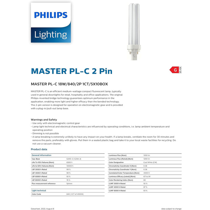 Енергозберігаюча лампа 150 мм, 10 шт., Philips MASTER PL-C 18W/840 G24d-2 2PIN (2-pin) Cold White 4000K