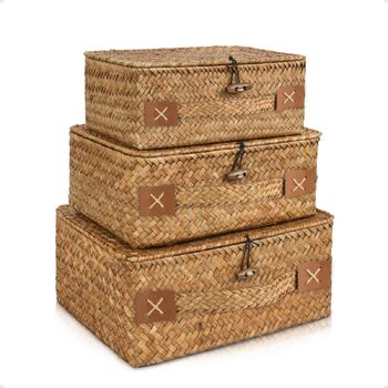 Кошик для зберігання з ротанга з кришкою, 3 шт. плетених кошиків з натуральної морської трави, багатофункціональна коробка для зберігання іграшок, косметики, туалетного паперу для ванної кімнати, велика - 3 шт. - кавового кольору