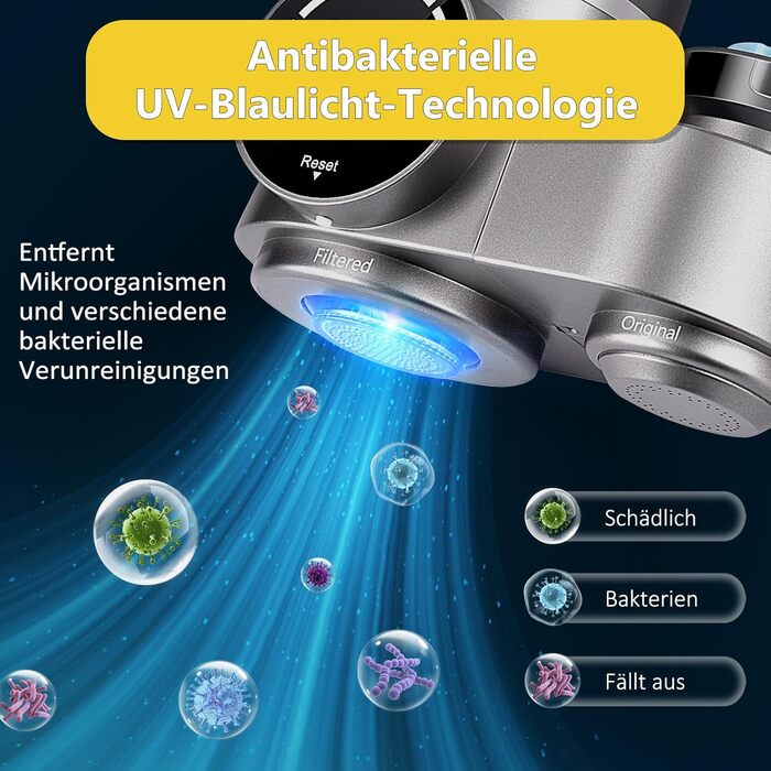 Кран з фільтром для води MILFECH зі світлодіодним дисплеєм, фільтр для води, питна вода зі світлодіодним дисплеєм, 2 фільтри, УФ-блакитне світло для кухні