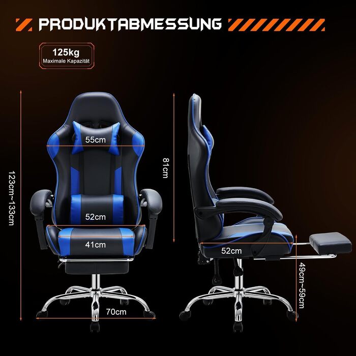 Ергономічне ігрове крісло DUMOS з підставкою для ніг, дихаюче ПК з регульованою поперековою подушкою, підголівником та підлокітниками, вантажопідйомність 150 кг, обертове крісло, чорний синій