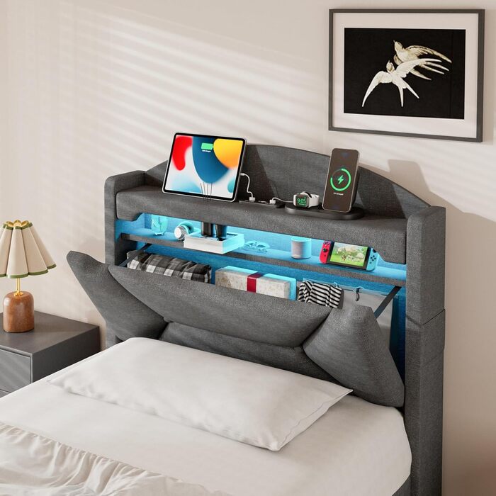 М&39яке односпальне ліжко 90x200 см зі світлодіодним освітленням, портом USB-C, гідравлічним ліжком, дитяче ліжко з місцем для зберігання та узголів&39ям, каркас ліжка з металевим каркасом, коробкою для зберігання та рейковою основою, лляне, сіре, без мат