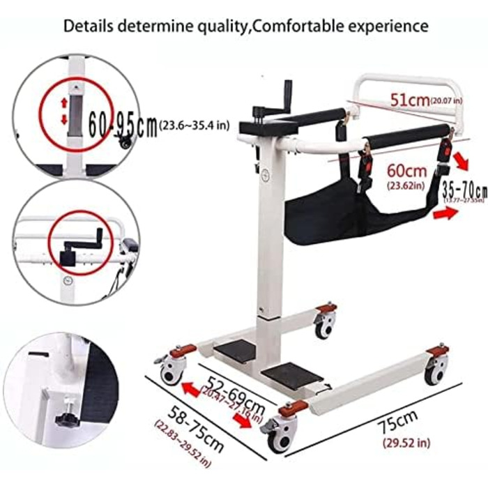 Підйомник для пацієнта для дому, сталевий портативний транспортний інвалідний візок, ручний підйомник, приліжковий комод, ванна кімната колісна з подушкою для унітазу для людей похилого віку з обмеженими можливостями, 330 фунтів
