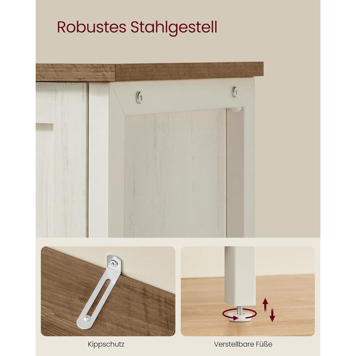 Сервант, Кухонна шафа, Шафа для зберігання, з 3 дверцятами, для вітальні, кухні, їдальні, 33 x 110 x 75 см, Сільський стиль, Медово-коричневий - Вінтажний білий LSC096WJ02 Медово-коричневий Вінтажний білий