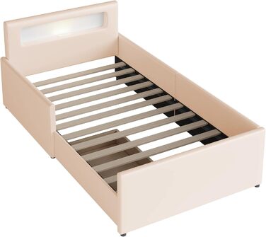 Сучасне дитяче ліжко 90x200 см з м&39якою оббивкою, ліжко з рейковою основою та місцем для зберігання речей, м&39яке узголів&39я зі світлодіодним нічником та USB-портом для зарядки, штучна шкіра, дитяче ліжко для хлопчиків та дівчаток (бежевий)