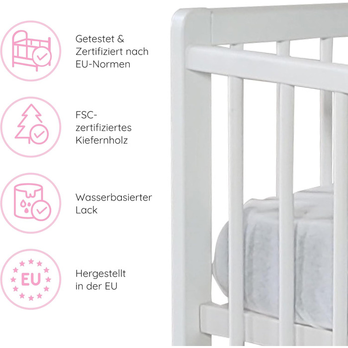 Дитяче ліжечко, дитяче ліжко 60x120 см, ліжечко, повний комплект з матрацом, розкладне тумбочки, регульована по висоті рейкова основа зі знімними рейками, з шухлядою білий колір, масив сосни