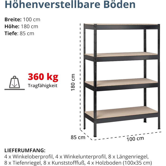 Полігатор SCHULTE Shelf World з 4 дерев&39яними полицями, 180x100x35 см (ВxШxГ), вантажопідйомність на полицю приблизно 90 кг, чорне текстуроване покриття, полиця для зберігання, полиця для підвалу, полиця для майстерні, безболтові полиці