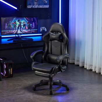Шкіряне ігрове крісло, поворотне на 360 та ергономічне, з підголівником, поперековою опорою та підставкою для ніг, чорне