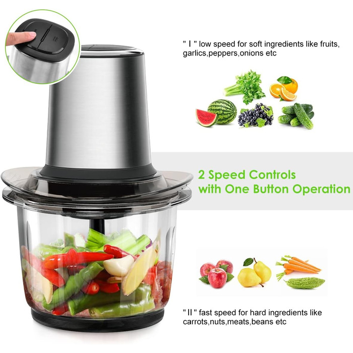 Електричний подрібнювач Multi-Chopper універсальний з чашею з нержавіючої сталі 1,5 л, 2 рівні швидкості Функція гальмування для м'яса, фруктів, овочів та дитячого харчування, срібло