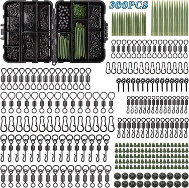 Вертлюги для риболовлі на коропа Набір застібок Матовий чорний Швидкозмінний роликовий поворотний пристрій Швидкісні ланки Захист від заплутування Втулки Гачки Стопори Намистини Гвинти Оснащення з коробкою для рибальських аксесуарів, 300 шт.