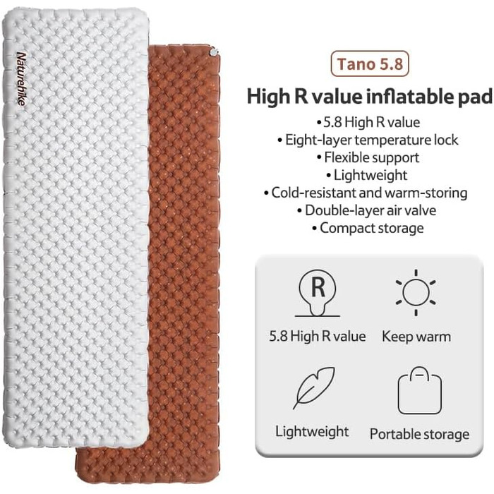 Надувний килимок для кемпінгу Naturehike Ultralight, значення R 5.8, портативний килимок для сну, 490 г/590 г/630 г, міцний надувний матрац з надувним мішком, для трекінгу, піших прогулянок, альпінізму, активного відпочинку, прямокутний - срібний стандарт