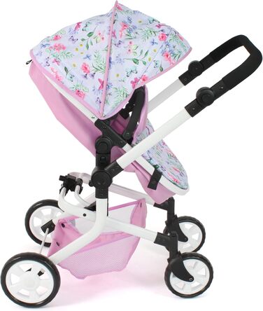Лялькова коляска Mika, комбінована лялькова коляска 2в1 для дітей від 4 до 8 років, коляска для ляльок до 52 см, Квіти, рожева, 20