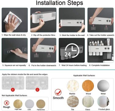 Настінний тримач для зубних щіток з подвійним автоматичним дозатором зубної пасти для дітей та дорослих, 6 слотів для щіток, 2 маг