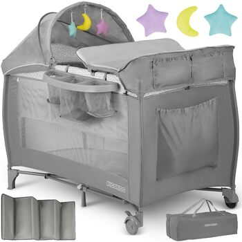 Дитяче ліжечко Ricokids з матрацом, 125 x 65 x 78 см, дорожнє ліжечко, вагою до 15 кг, 2 колеса з гальмами, бічний вхід, сумка для перенесення, функція гойдання, ігрова арка, пеленальний столик, складний, світло-сірий