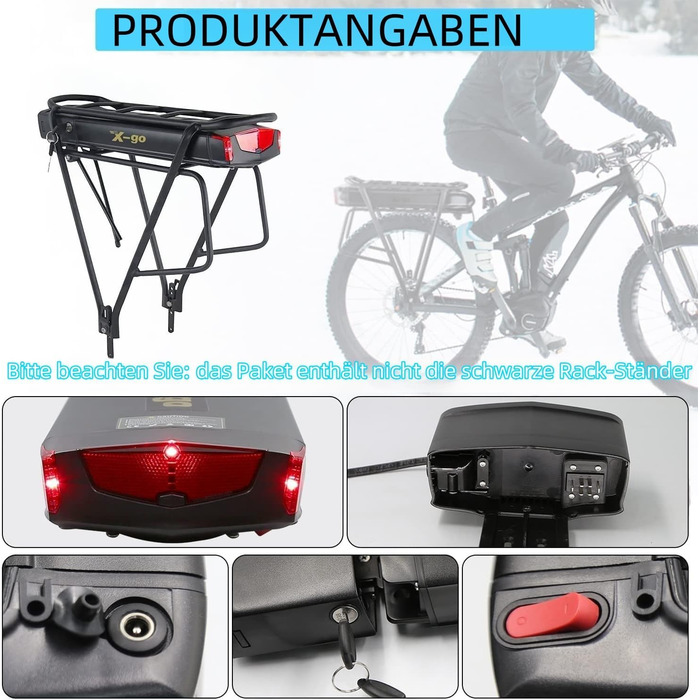 Акумулятор для електровелосипеда X-go з багажником, акумулятор для електровелосипеда 36V 13AH для велосипедного двигуна потужністю 250W 350W 500W, комплект літій-іонного велосипедного двигуна із зарядним пристроєм та безпечним замком