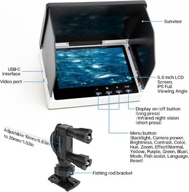 Підводна камера для риболовлі, ехолот, водонепроникний портативний ехолот IP67 з 5-дюймовим IPS-дисплеєм, ширококутний ехолот нічного бачення з інфрачервоним охопленням 200 із сонцезахисною зоною для льоду, річки та човна