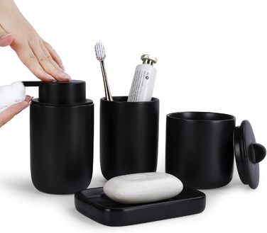 Керамічний набір для ванної кімнати Umlaca з 4 предметів з дозатором для мила, ротовою чашкою, баночкою для ватної палички та мильницею, підходить для ванної кімнати та душу (дозатор для мила, чорний)
