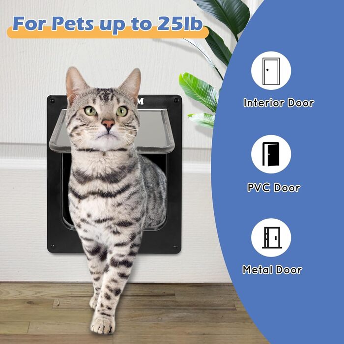 Котячі дверцята Wordcam XL, міцні котячі дверцята для внутрішніх та зовнішніх дверей, 4-стороннє замикання, дверцята для котів, кошенят, собак вагою до 11,3 кг, легке встановлення, водонепроникні (чорні)