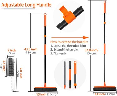 Гумовий віник JEHONN з ручкою 134 см, силіконовий віник всередині зі знімачем для видалення шерсті тварин кішок і собак з килимів, вікон, плитки та дерев'яної підлоги (помаранчевий)