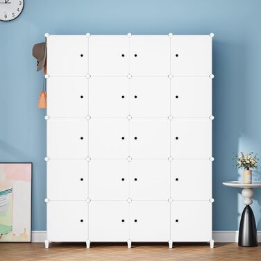 Шафа HOMIDEC, Портативна система полиць, Пластикова шафа на 20 кубів з 2 рейками для одягу, Шафа для спальні, Біла, 180 x 142 x 45 см, 20 кубів, Повністю біла