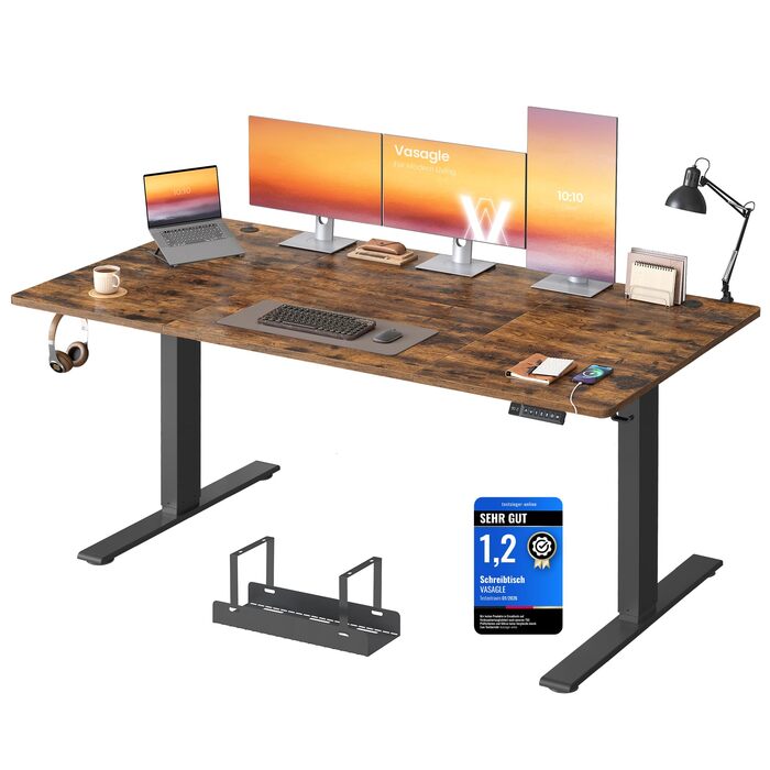 Стіл VASAGLE з регульованою висотою, 180 x 80 см, порт USB-C, подовжувач для зберігання, стіл для роботи стоячи, нагадування про тривале сидіння, 3 кнопки пам&39яті, для офісу, вінтажний коричневий LSD148KD02 180 x 80 см вінтажний коричневий