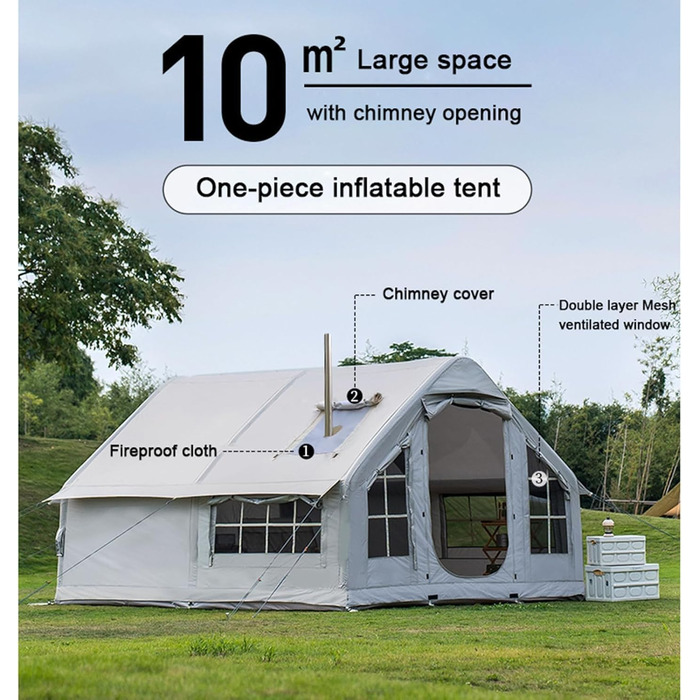Зимовий надувний намет-будиночок XXL, сімейний намет на 6-8 осіб, надувний кемпінговий намет з насосом, 4-сезонний розкладний намет, великий XXL намет для вулиці з димоходом, сірий, 385x260x200 см