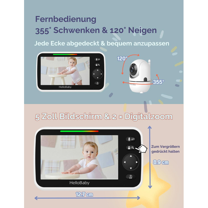 Радіоняня HelloBaby із 2 камерами та нічним баченням, 12,7 см (5 дюймів) розділеним екраном із 26-годинним акумулятором, 2 камери,