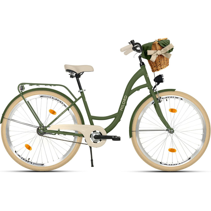 Велосипед Milord Comfort з плетеним кошиком, голландський велосипед, жіночий велосипед, міський велосипед, ретро, вінтажний, 28 дюймів, зелено-кремовий, 1 швидкість