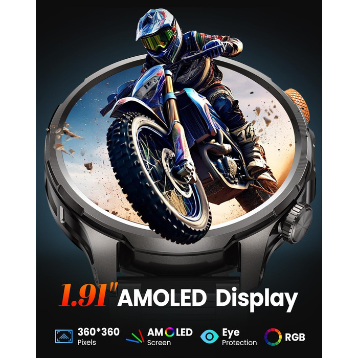 Чоловічий смарт-годинник з акумулятором 1000 мАг/світлодіодним ліхтариком, 1,91-дюймовий AMOLED 5ATM смарт-годинник військовий фітнес-трекер з функцією телефону, 113 спортивних режимів, спортивний годинник/цілодобовий монітор серцевого ритму/монітор сну/S